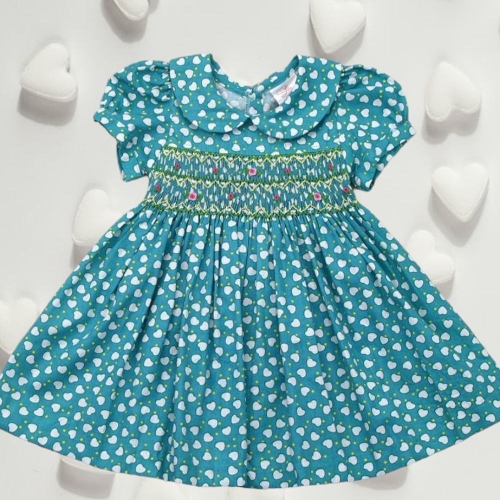 Blue with White Hearts Hand-Smocked Embroidered  Toddler Girl Dress. Size 2T